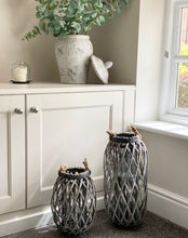 Load image into Gallery viewer, Rustic Woven Willow Lantern with Rope Handle and Glass Insert