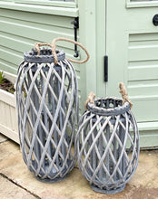 Load image into Gallery viewer, Rustic Woven Willow Lantern with Rope Handle and Glass Insert