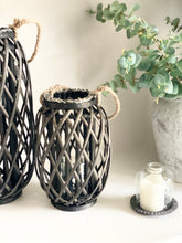 Load image into Gallery viewer, Rustic Woven Willow Lantern with Rope Handle and Glass Insert