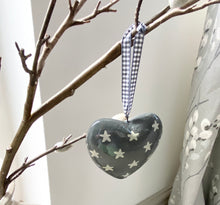 Load image into Gallery viewer, Wooden Grey hanging Heart - Spots, Stripes , Stars, Lines