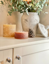 Load image into Gallery viewer, Round Rustic 3 Wick Pillar Candle - Honey /Walnut / Linen