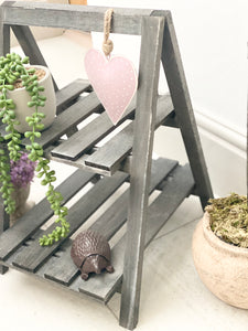 Mini Rustic Grey Wooden Shelf Display Ladder/Plant Stand