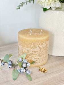 Round Rustic 3 Wick Pillar Candle - Honey /Walnut / Linen