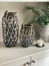 Load image into Gallery viewer, Rustic Woven Willow Lantern with Rope Handle and Glass Insert
