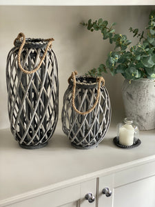 Rustic Woven Willow Lantern with Rope Handle and Glass Insert
