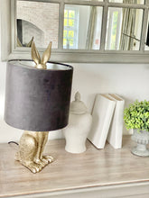 Load image into Gallery viewer, Sitting Silver Hare Lamp with Grey Velvet Shade
