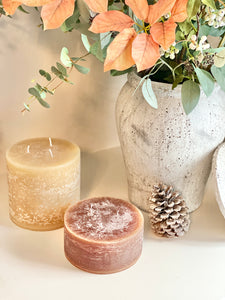 Round Rustic 3 Wick Pillar Candle - Honey /Walnut / Linen