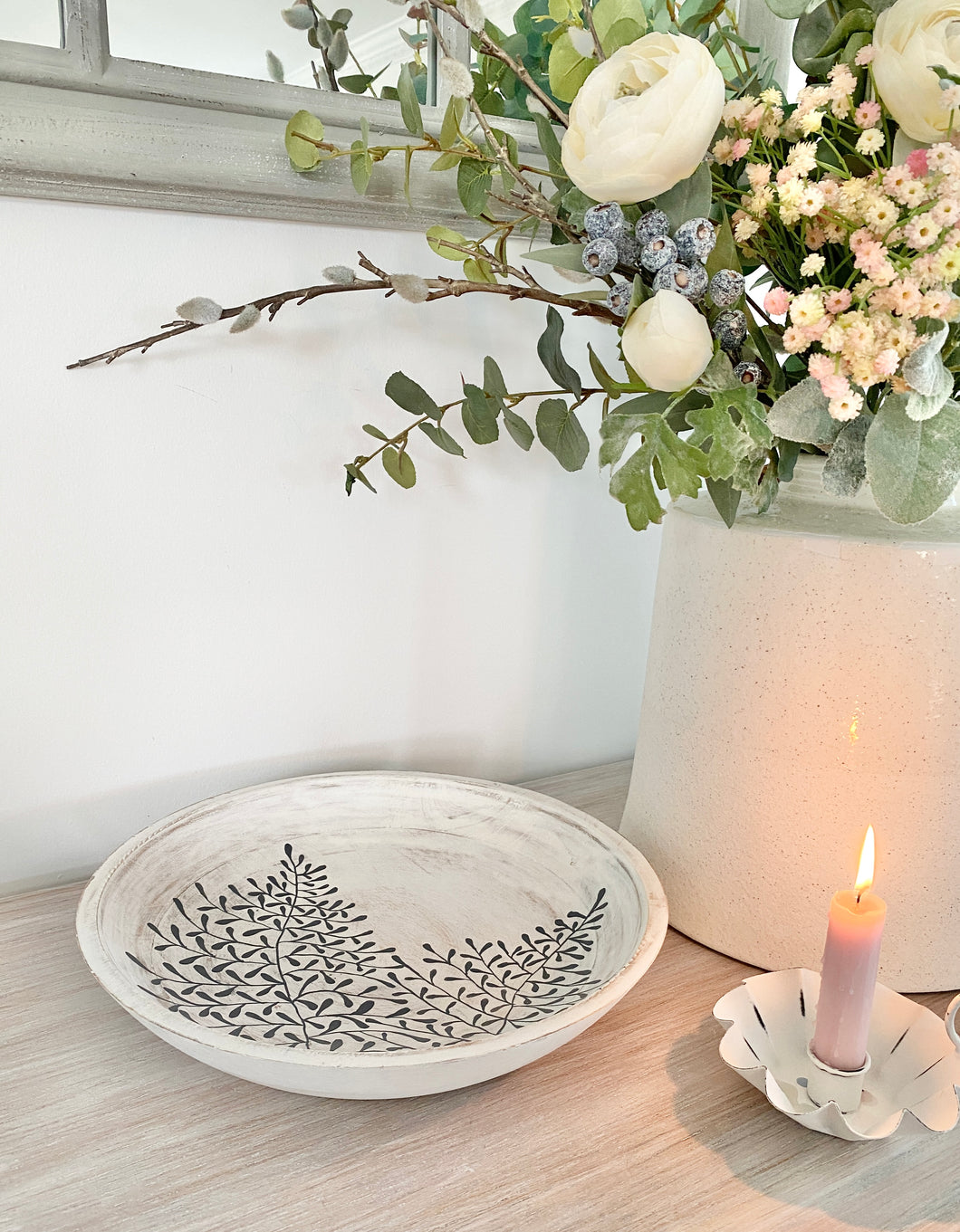 Large Shallow Wooden Bowl with Grey Fern print