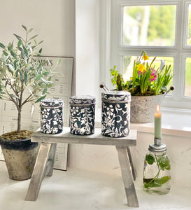 Grey Floral Enamelware Storage Tins - Hand Painted