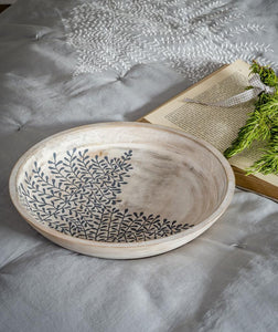 Large Shallow Wooden Bowl with Grey Fern print